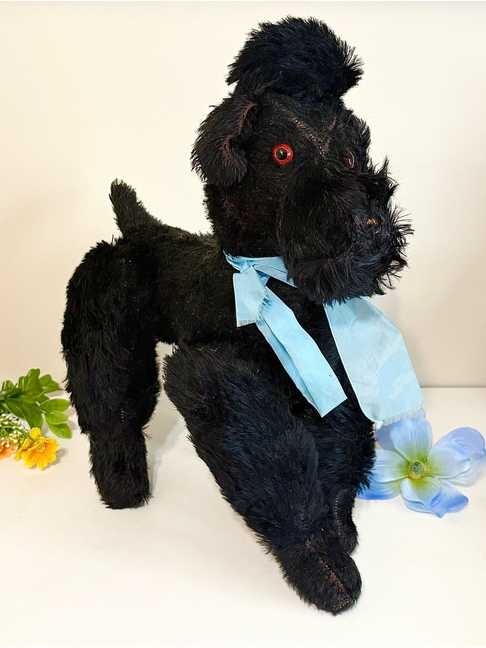 Vintage Large German Steiff Fully Jointed Black Mohair Toy Poodle Dog Stuffy 15”